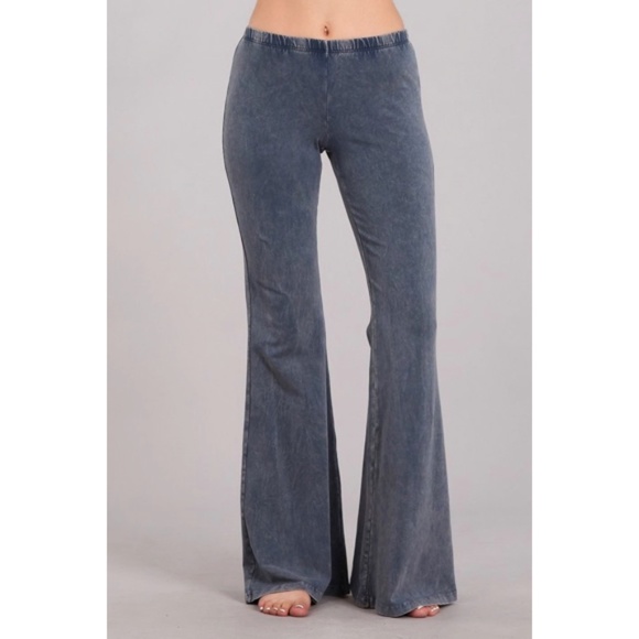 Blue Gray Boho Mineral Wash Flared Stretch Pants - Picture 2 of 6